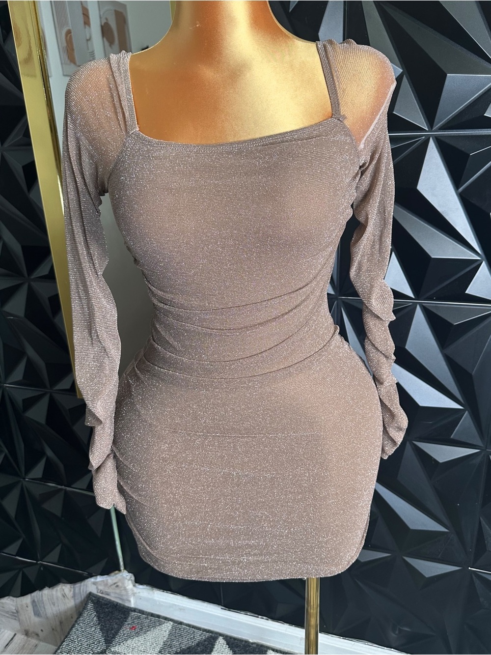 🔥👗Ruched Sparkle Long-Sleeve Mini Dress - Taupe